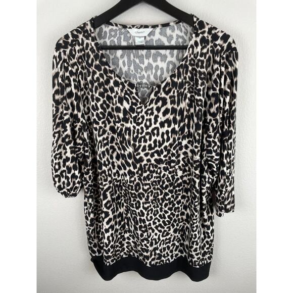 CJ Banks Top Womens Size 1X Tan 1/2 Sleeve Leopard Career Work Liquid Knit - Picture 1 of 9